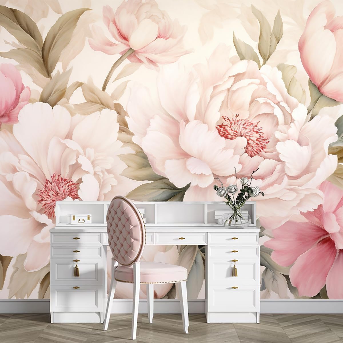 Beauty Flower Makeup - Elegant Peony Floral Mural Wallpaper Vanity